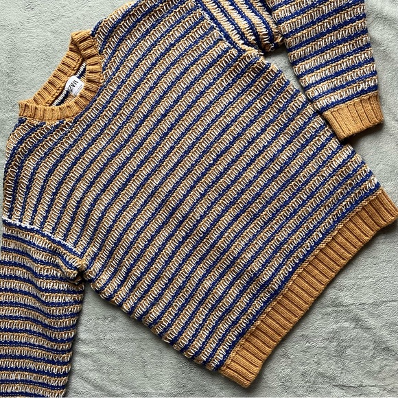 Zara Sweaters - Zara Textured Weave Striped Unisex Chunky Fisherman Knit Sweater Blue Tan XL